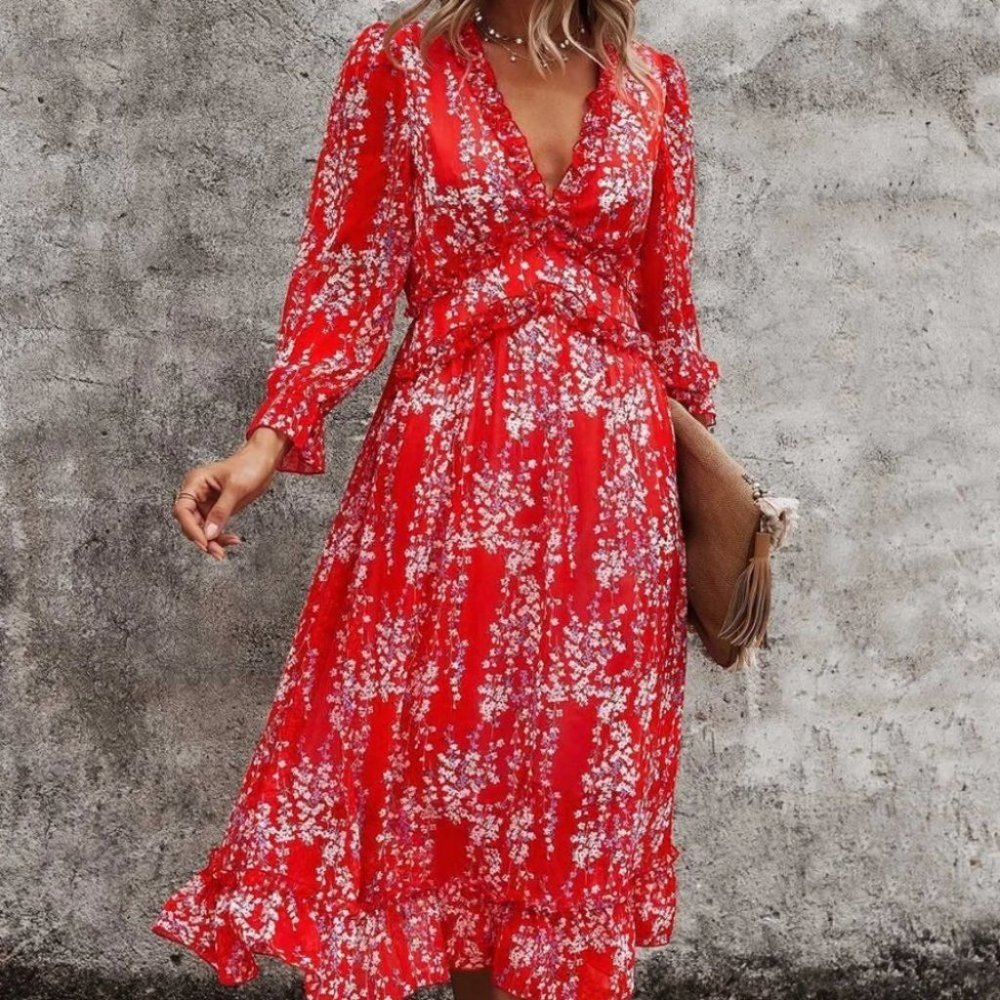 Red Floral Ditsy Ruffle Hem Dress Shabby Chic Cottagecore - Picture 4 of 5